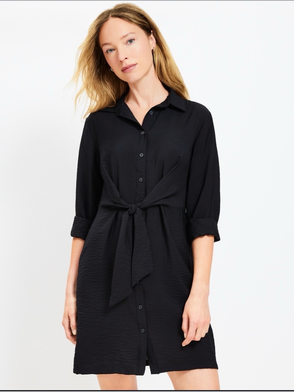 LOFT Black Dahlia Tie Front Mini Shirtdress | Minimalist Corporate Casual | 10P